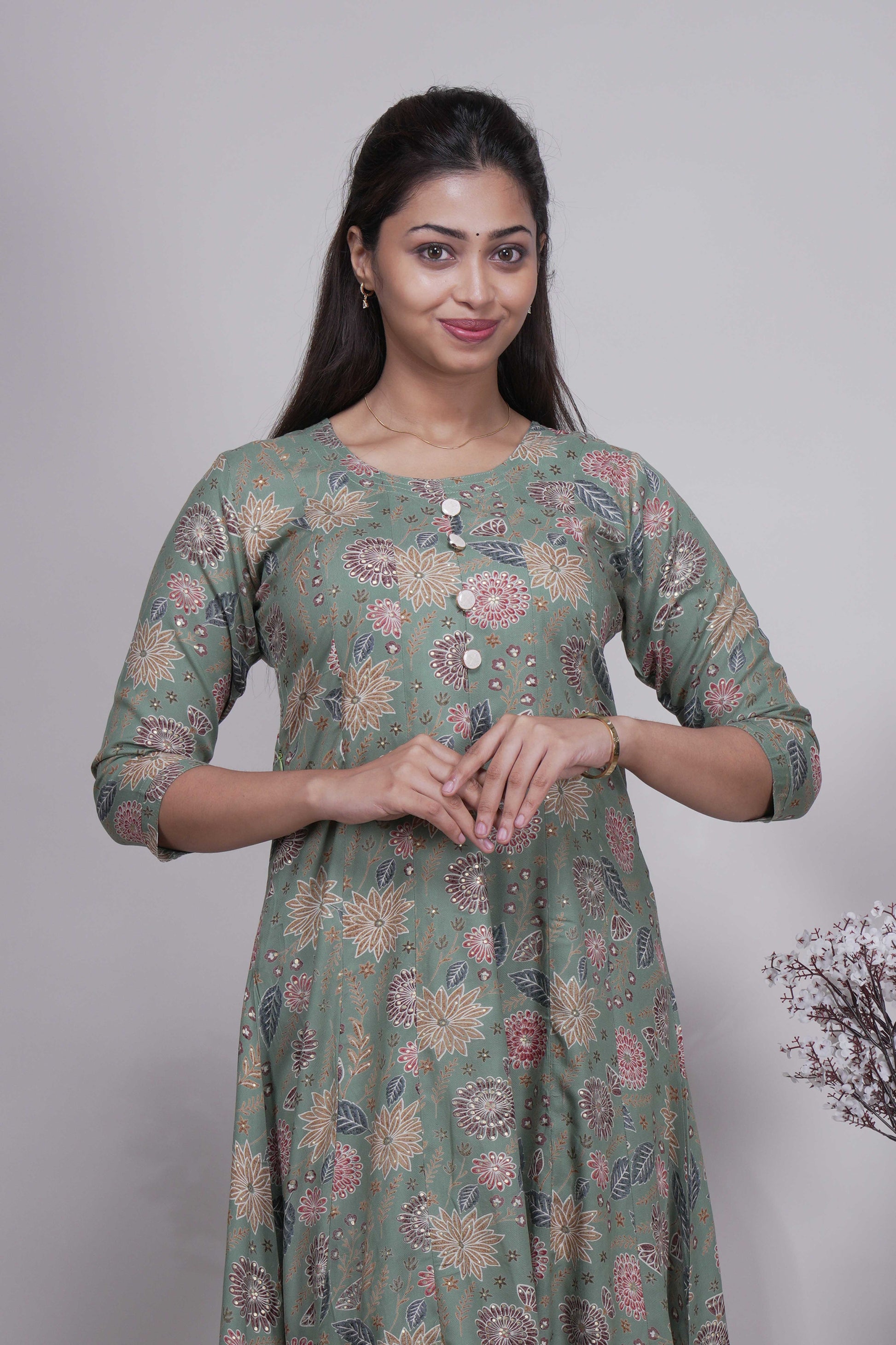 Women's Sage Green Floral Printed A-Line Kurta