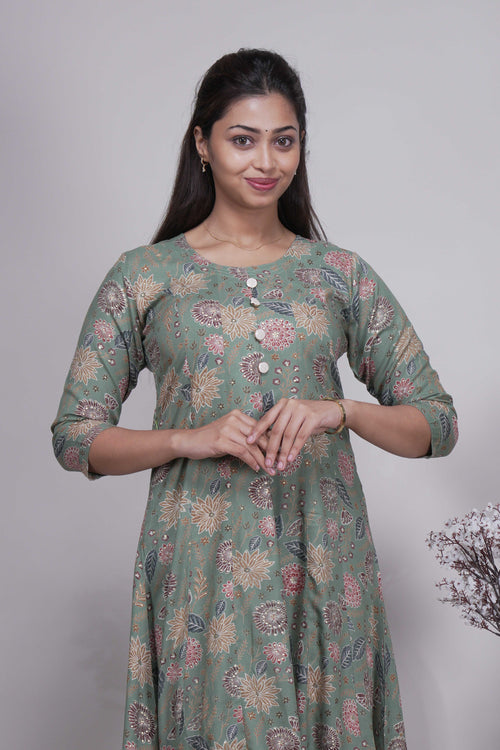 Women's Sage Green Floral Printed A-Line Kurta
