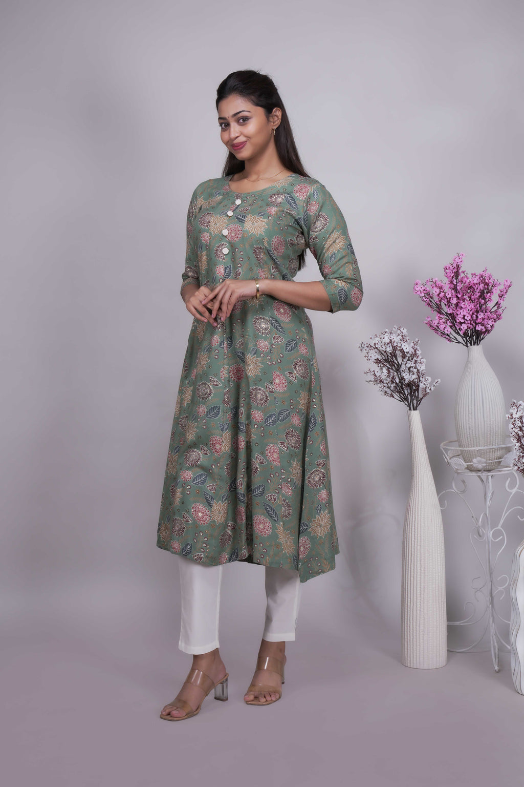 Women's Sage Green Floral Printed A-Line Kurta