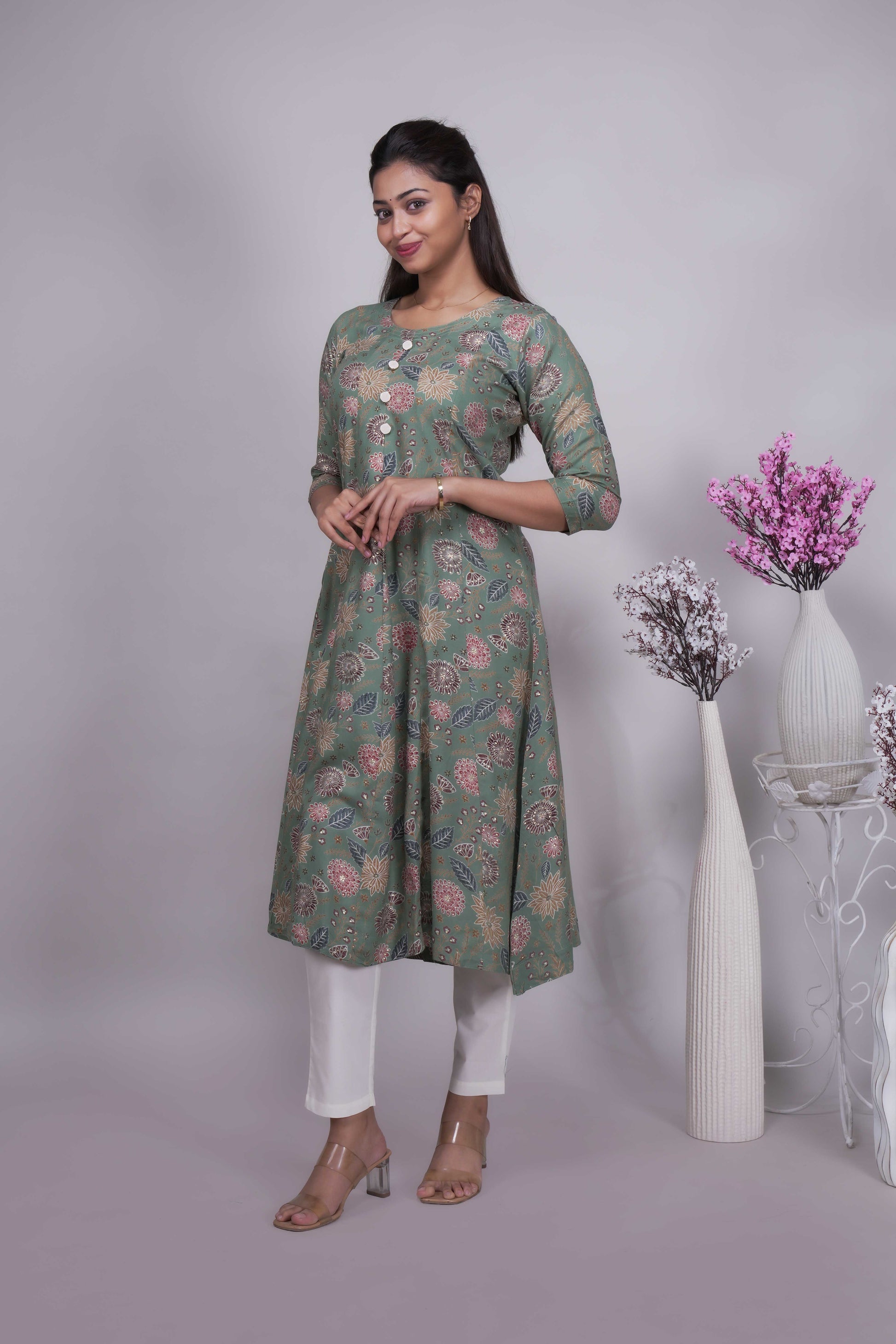 Women's Sage Green Floral Printed A-Line Kurta