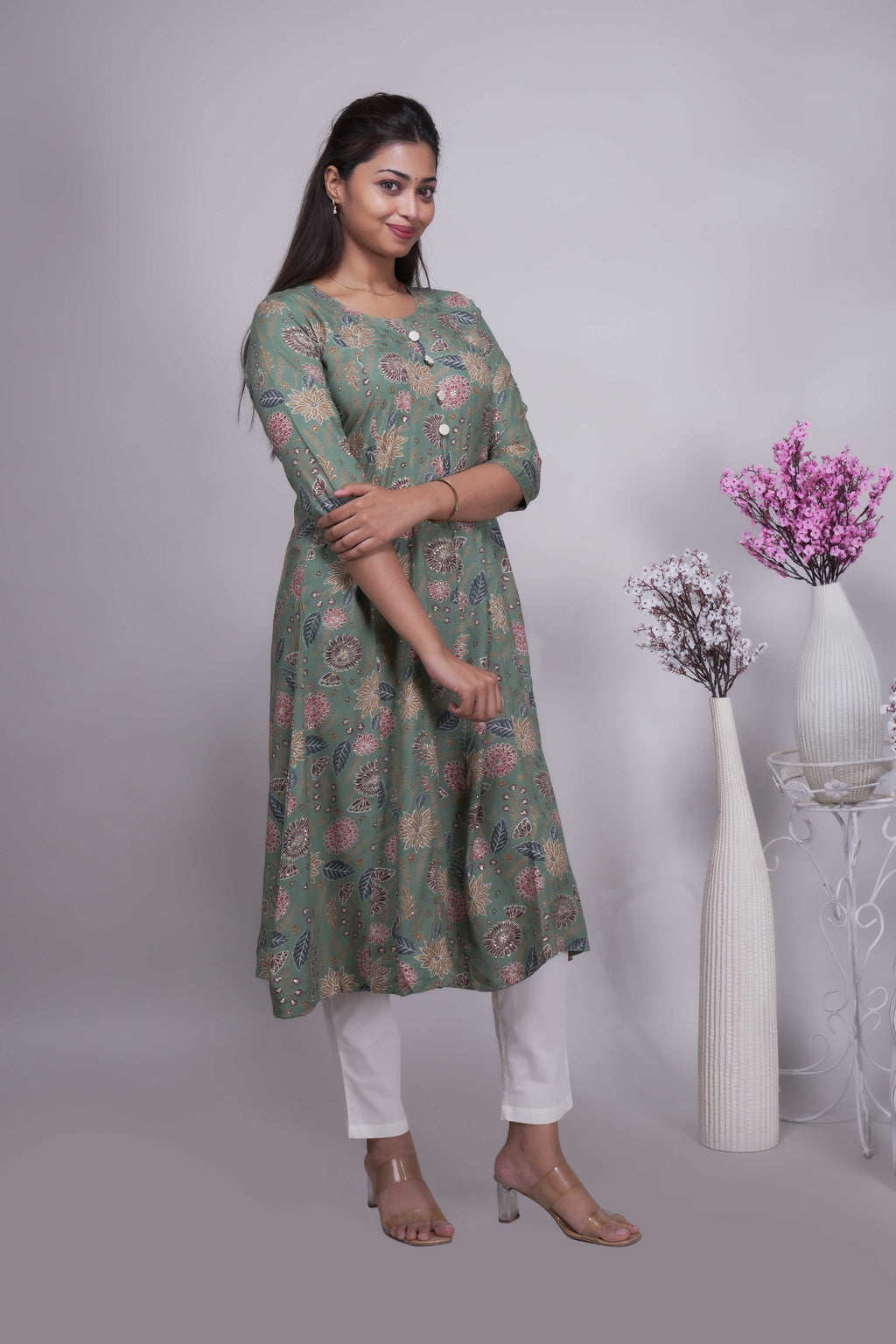 Women's Sage Green Floral Printed A-Line Kurta