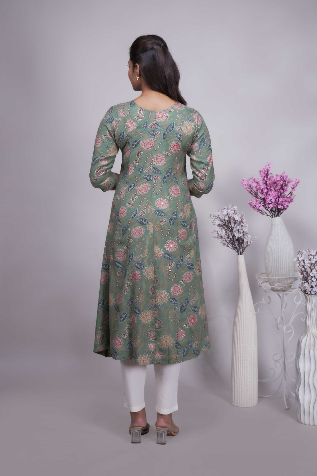 Women's Sage Green Floral Printed A-Line Kurta
