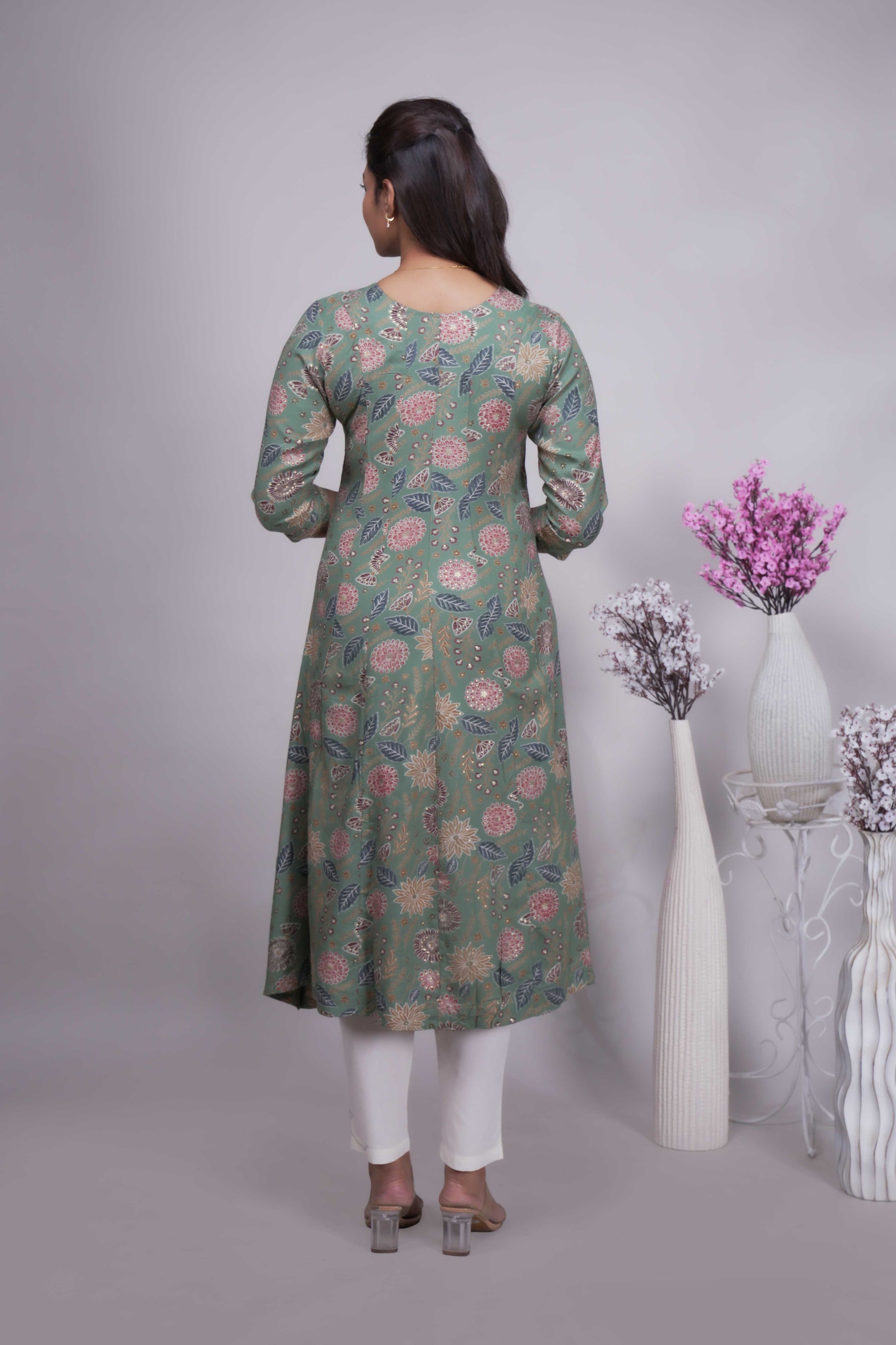 Women's Sage Green Floral Printed A-Line Kurta