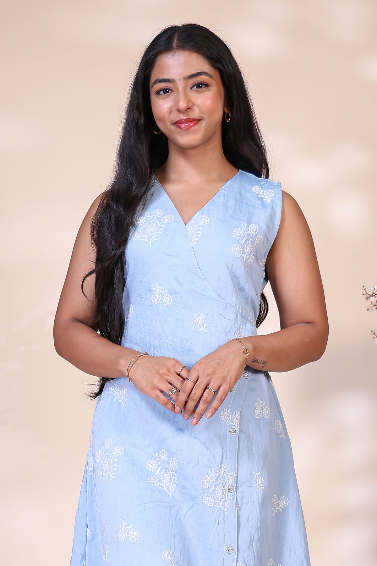 Light Blue Floral Printed Westen wrap style Dress