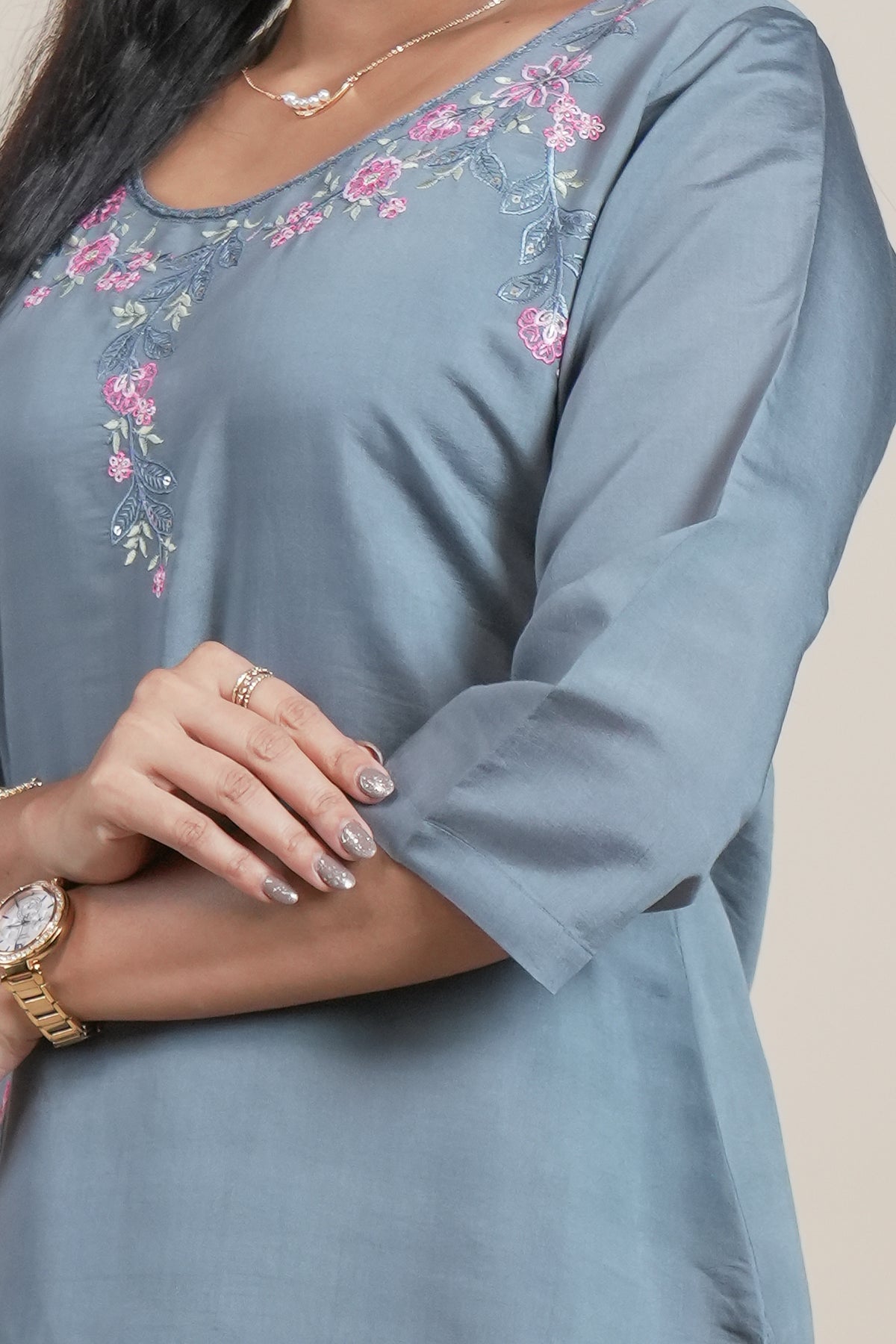 Elegant Grey Embroidered Straight Kurta with Pants Set