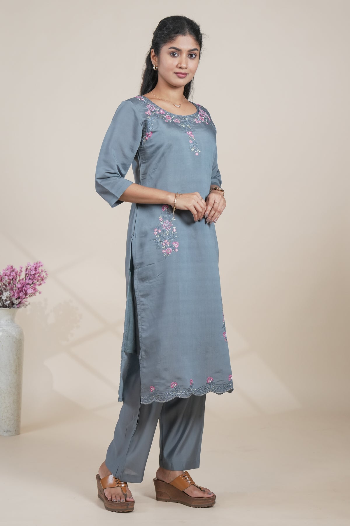 Elegant Grey Embroidered Straight Kurta with Pants Set