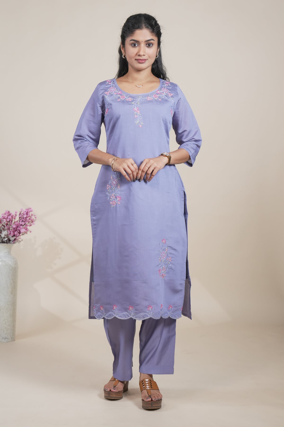 Elegant Lavender Embroidered Straight Kurta with Pants Set