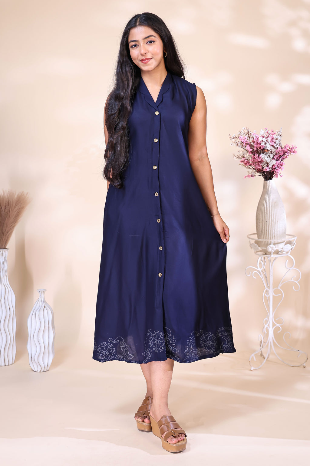 Elegant Navy Blue Button-Down Dress with Floral Border Embroidery