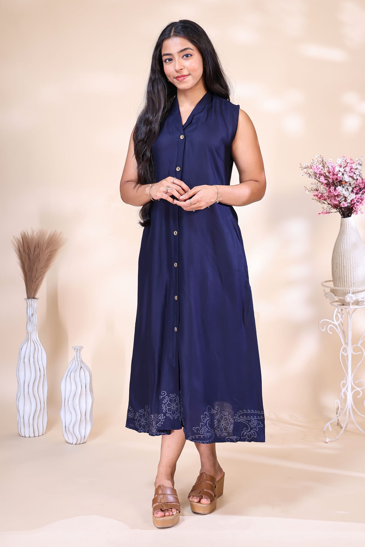 Elegant Navy Blue Button-Down Dress with Floral Border Embroidery
