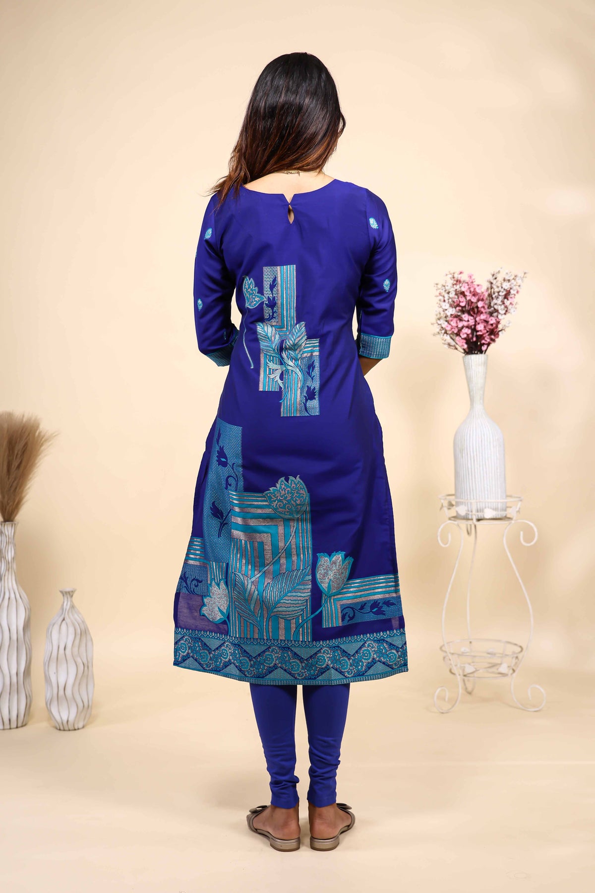 Royal Blue Embroidered Straight Kurta Set with Matching Dupatta & Leggings