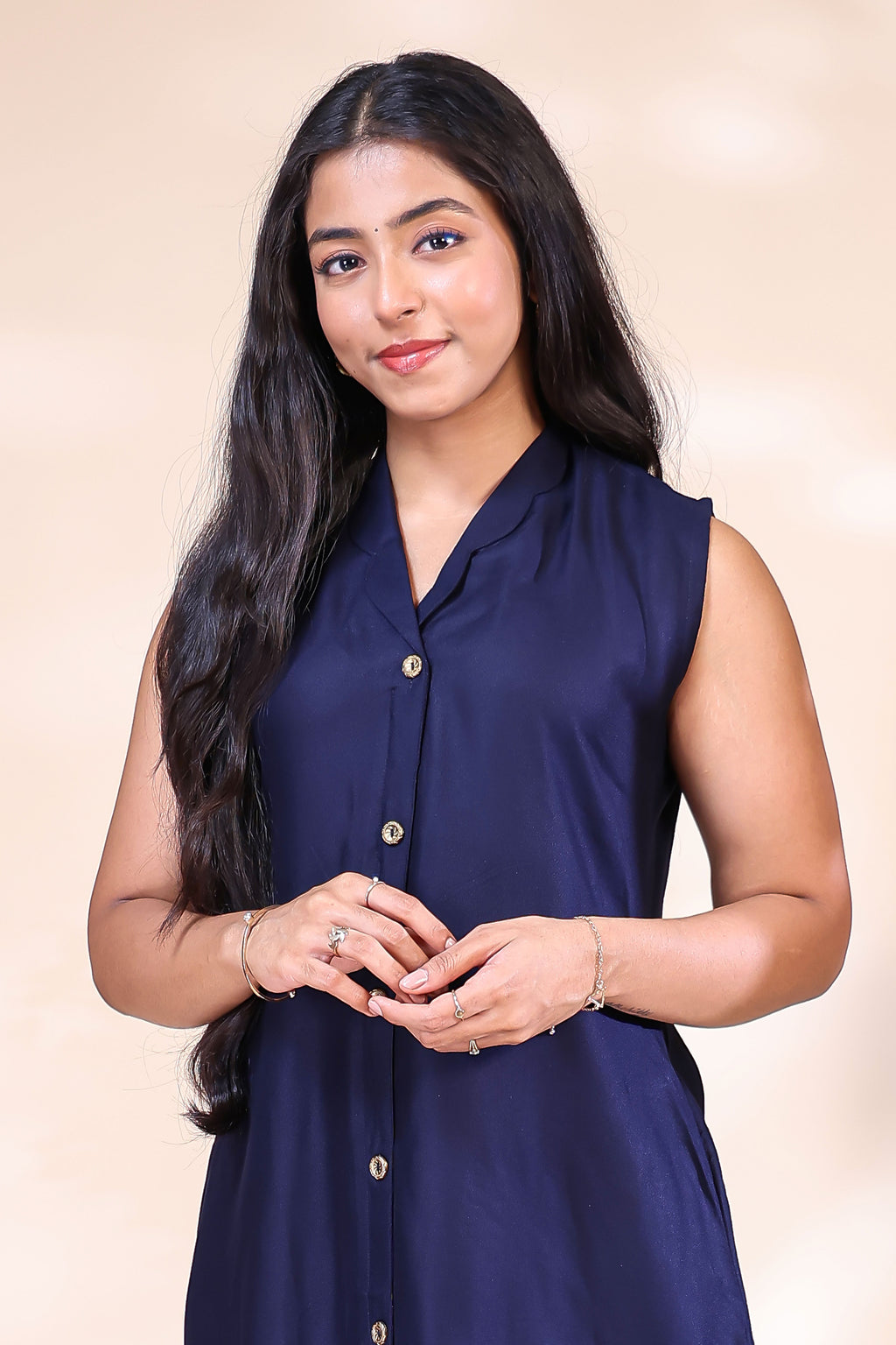 Elegant Navy Blue Button-Down Dress with Floral Border Embroidery