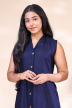 Elegant Navy Blue Button-Down Dress with Floral Border Embroidery