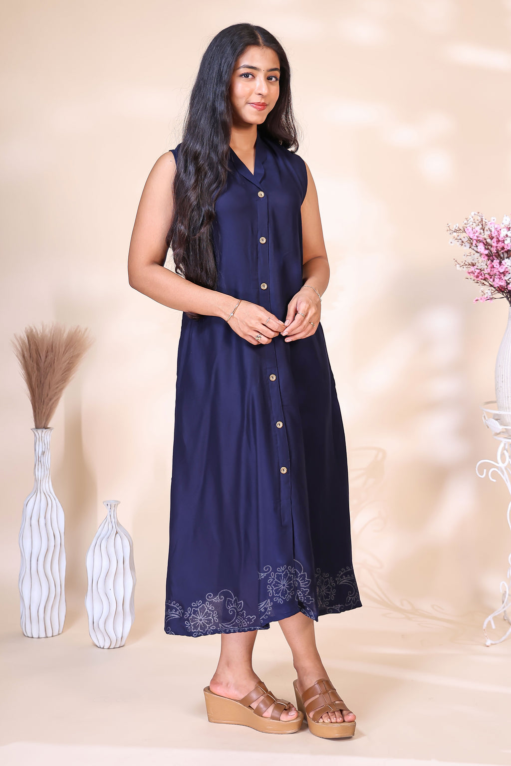 Elegant Navy Blue Button-Down Dress with Floral Border Embroidery