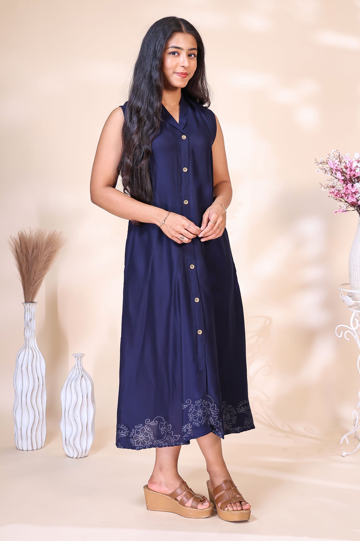 Elegant Navy Blue Button-Down Dress with Floral Border Embroidery
