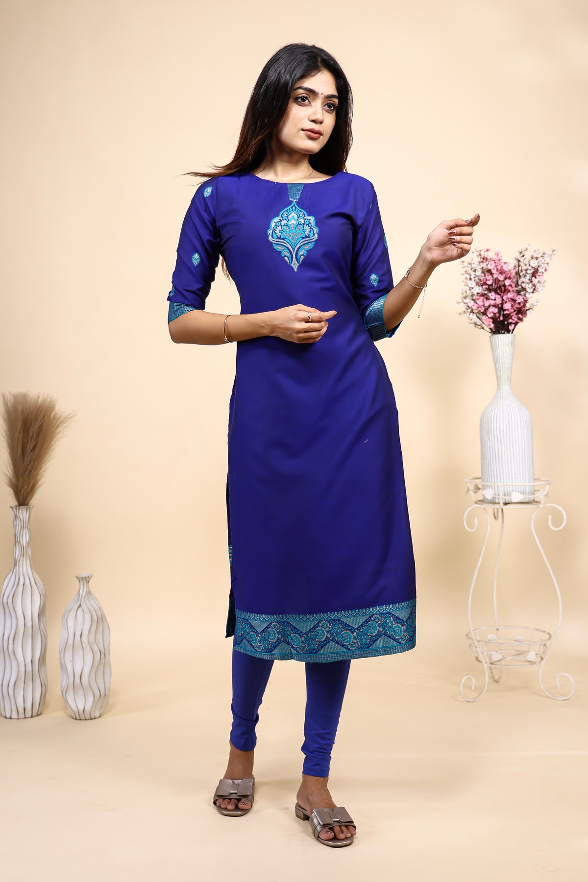 Royal Blue Embroidered Straight Kurta Set with Matching Dupatta & Leggings