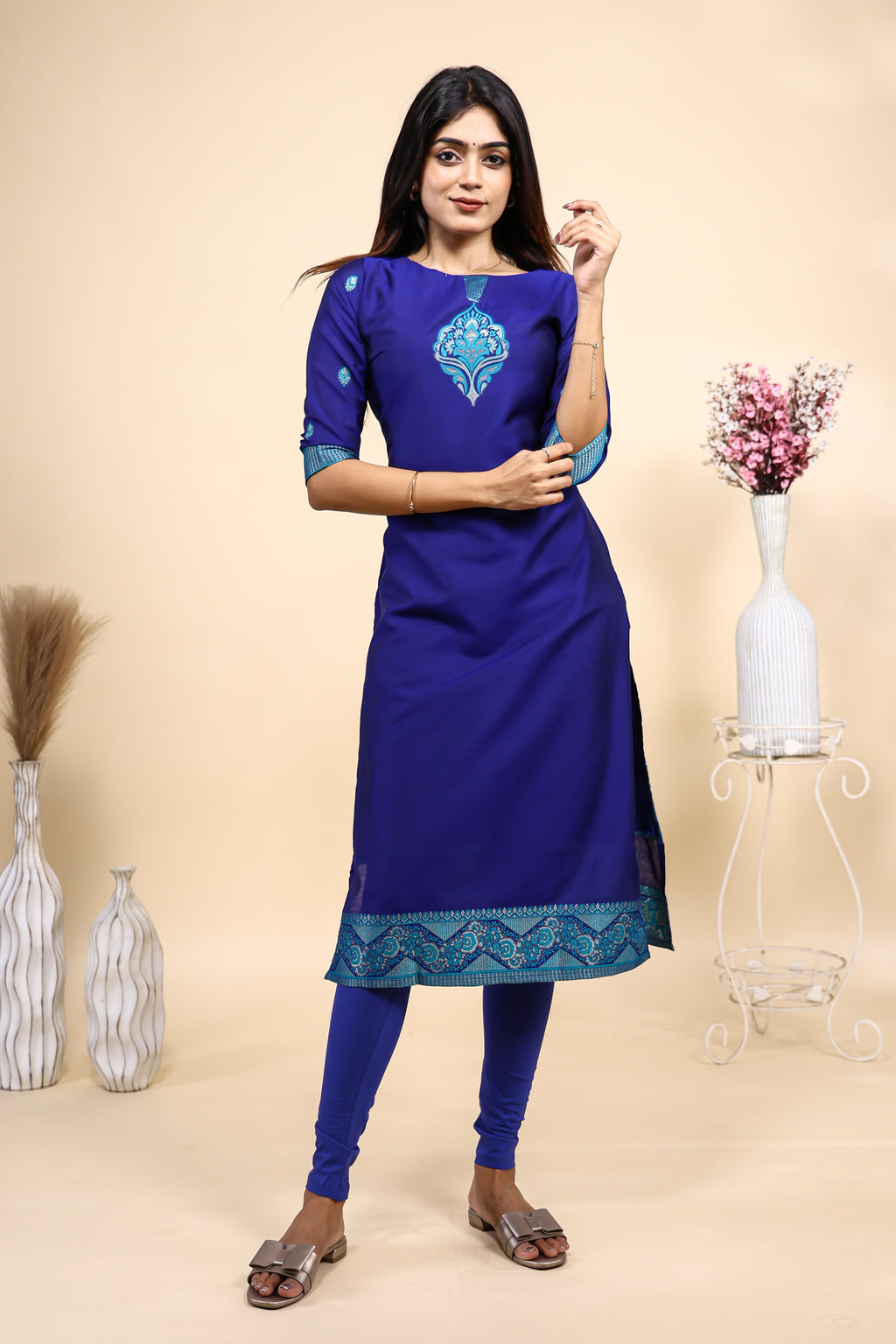 Royal Blue Embroidered Straight Kurta Set with Matching Dupatta & Leggings
