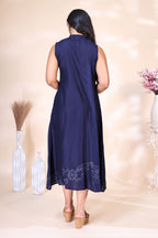 Elegant Navy Blue Button-Down Dress with Floral Border Embroidery