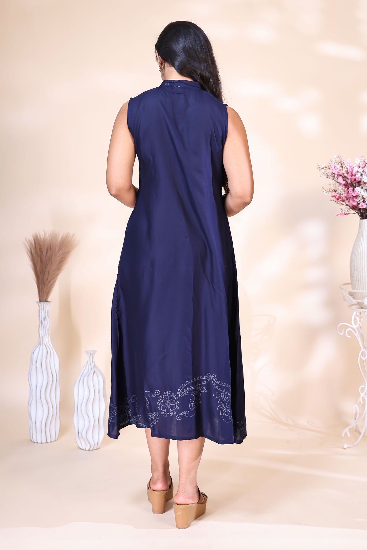 Elegant Navy Blue Button-Down Dress with Floral Border Embroidery
