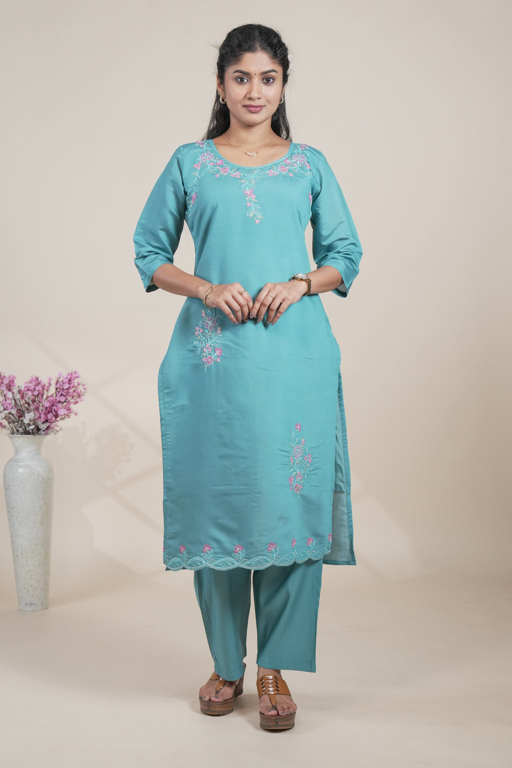 Teal Blue Embroidered Straight Kurta with Matching Pants
