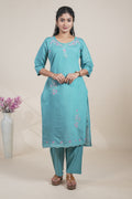 Teal Blue Embroidered Straight Kurta with Matching Pants