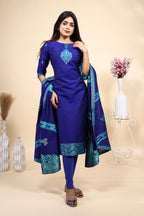 Royal Blue Embroidered Straight Kurta Set with Matching Dupatta & Leggings