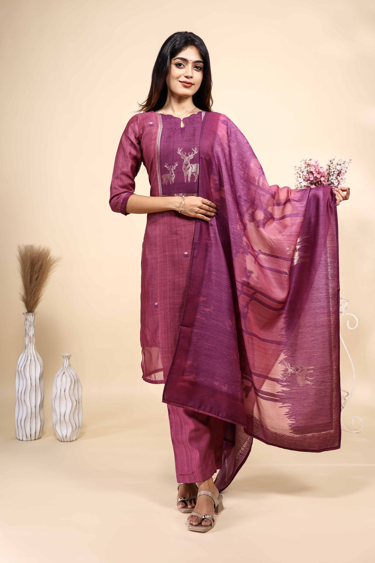 Elegant Plum Mauve Set with Animal Motif Embroidery & Matching Dupatta