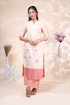 Elegant Off-White & Coral Pink Floral Embroidered Kurta Set with Printed Dupatta
