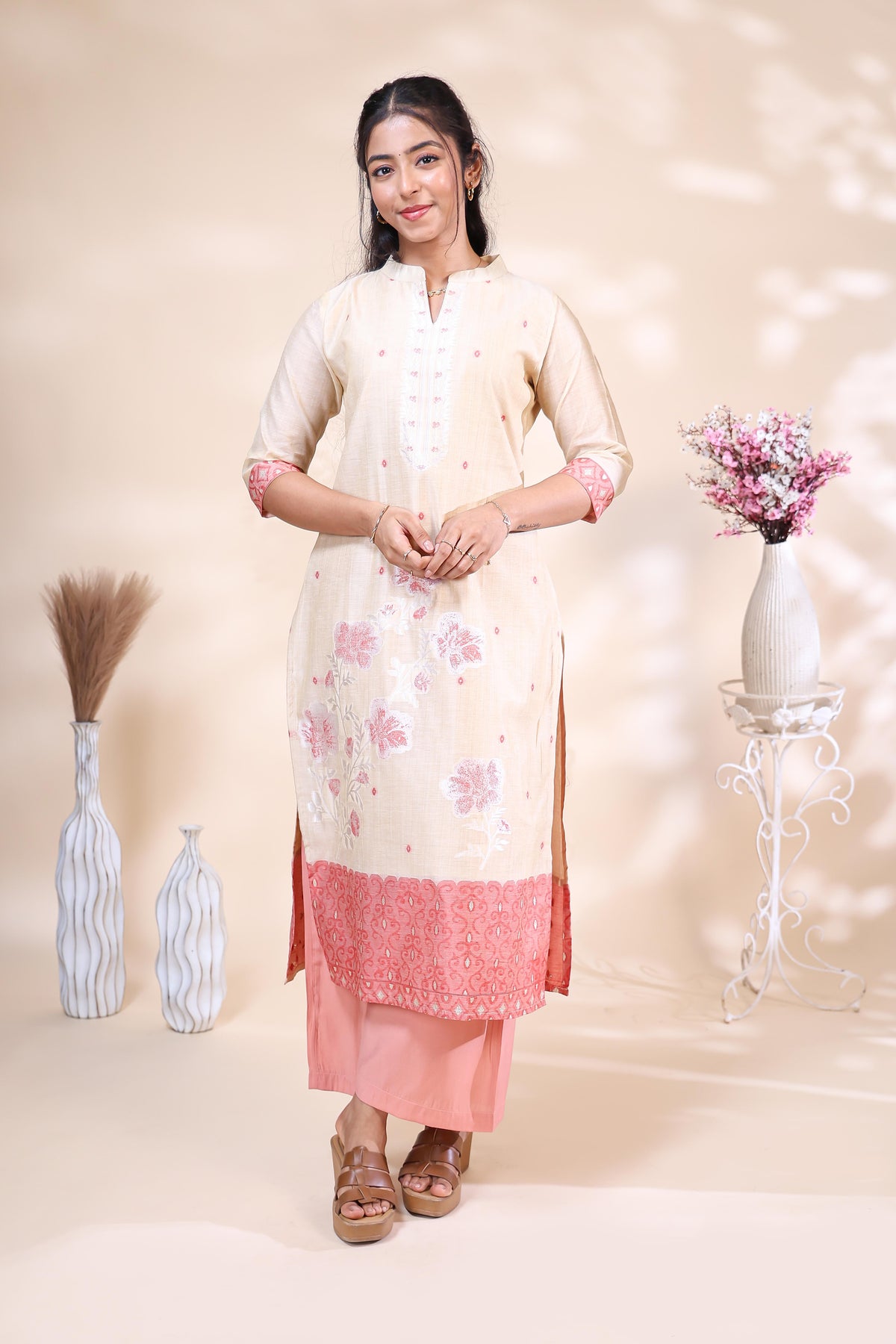 Elegant Off-White & Coral Pink Floral Embroidered Kurta Set with Printed Dupatta