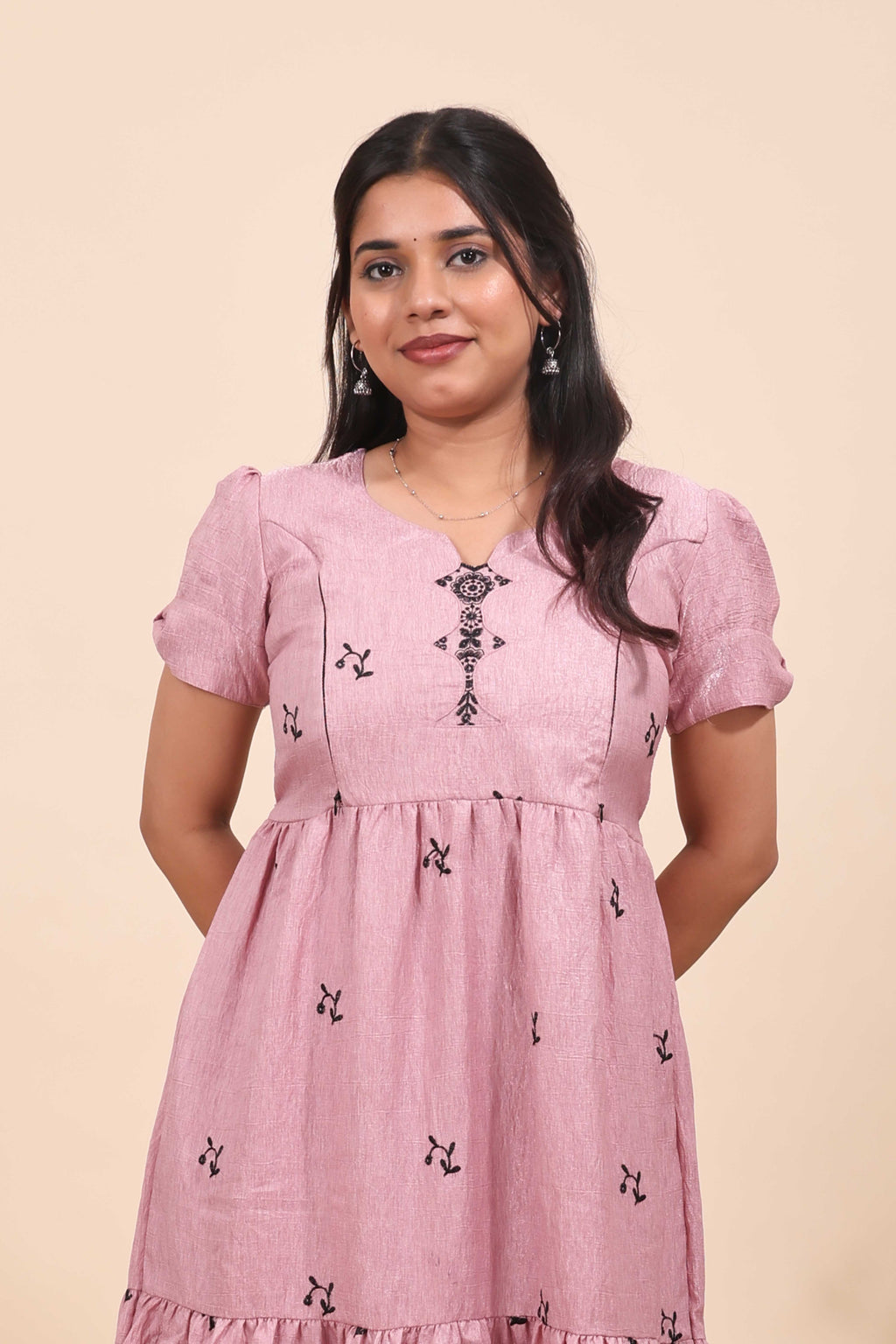 Mauve Pink Cotton-Linen Tiered maxi Dress with Black Scalloped Embroidery