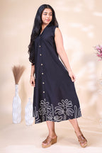 Elegant Black Sleeveless Dress with Abstract Floral Border Embroidery