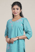 Teal Blue Embroidered Straight Kurta with Matching Pants