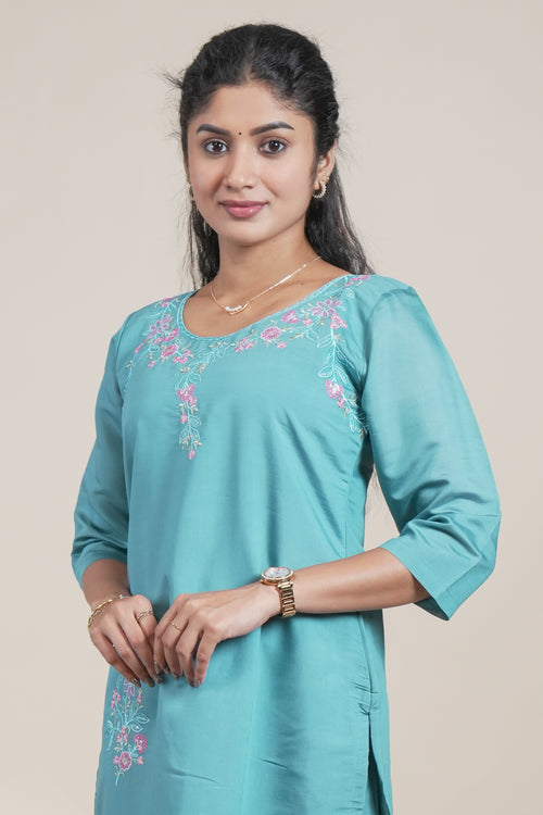 Teal Blue Embroidered Straight Kurta with Matching Pants