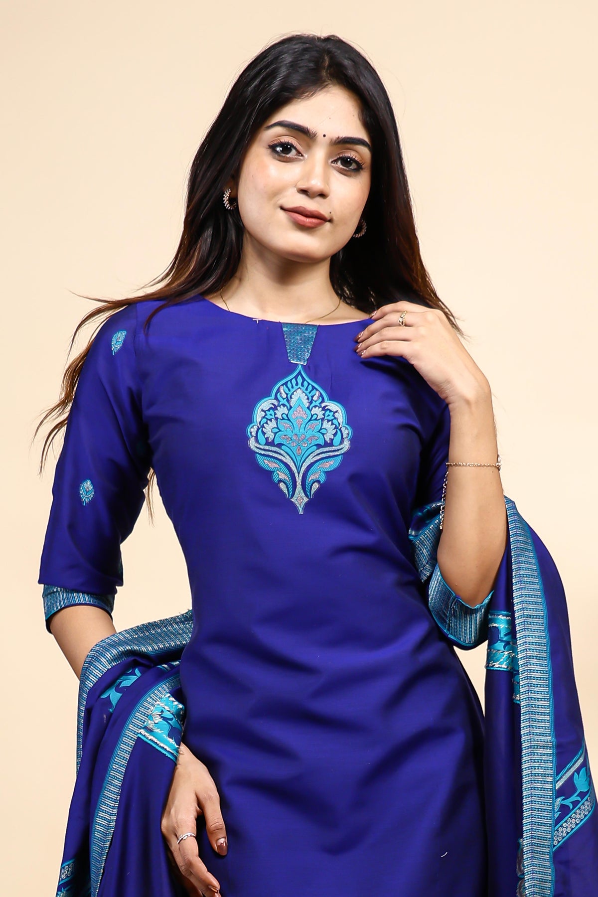 Royal Blue Embroidered Straight Kurta Set with Matching Dupatta & Leggings
