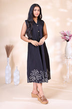 Elegant Black Sleeveless Dress with Abstract Floral Border Embroidery