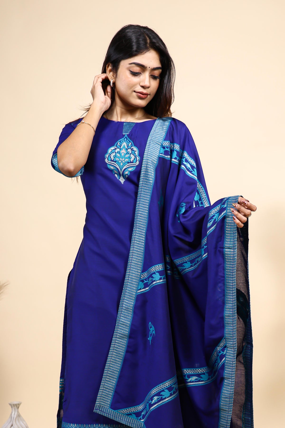 Royal Blue Embroidered Straight Kurta Set with Matching Dupatta & Leggings