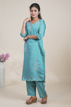 Teal Blue Embroidered Straight Kurta with Matching Pants
