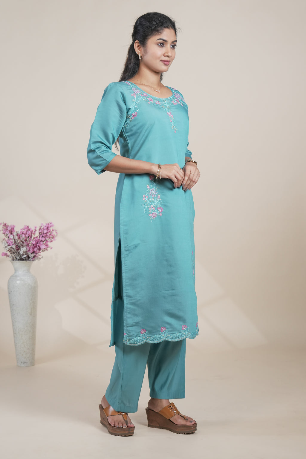 Teal Blue Embroidered Straight Kurta with Matching Pants