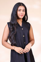 Elegant Black Sleeveless Dress with Abstract Floral Border Embroidery