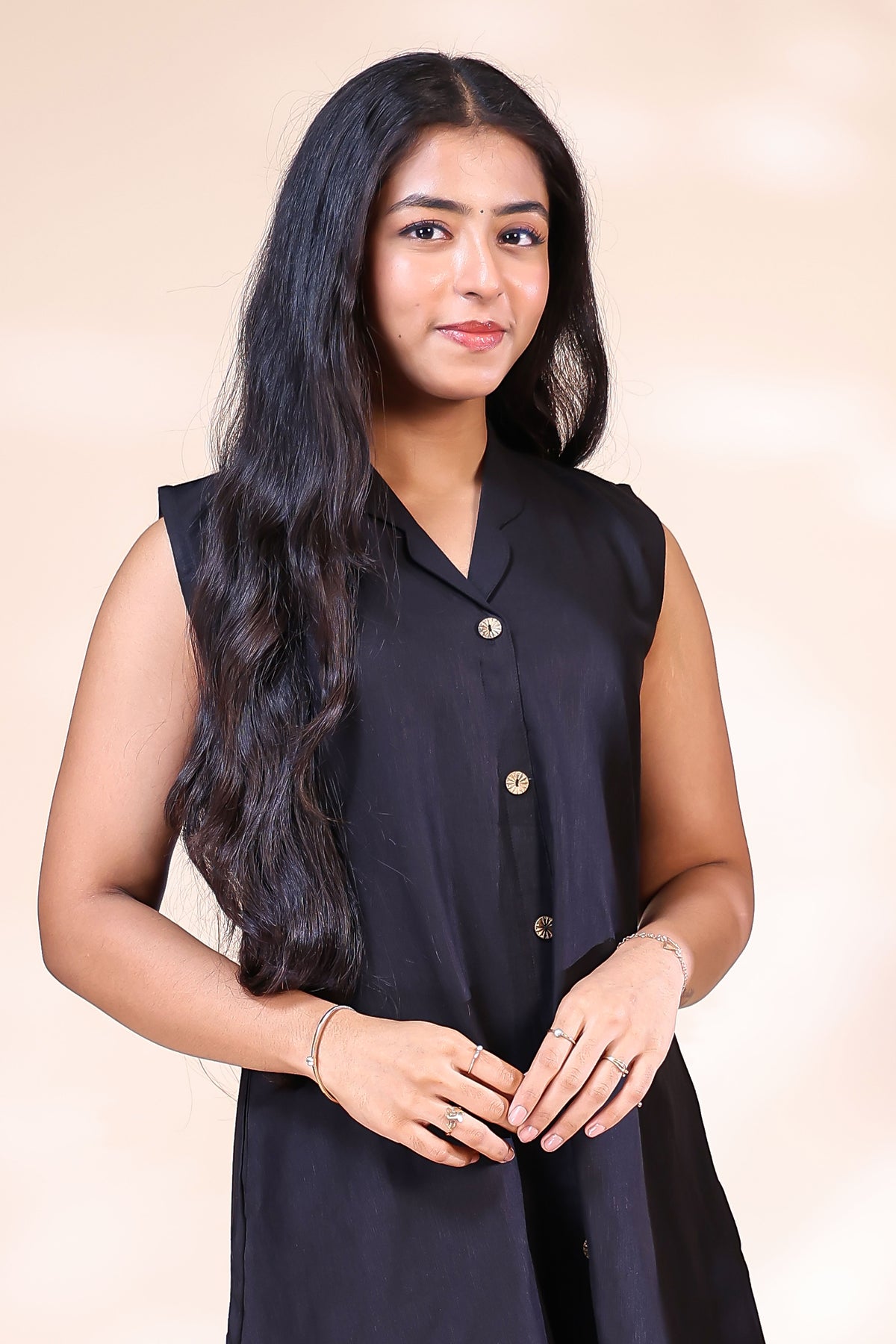 Elegant Black Sleeveless Dress with Abstract Floral Border Embroidery