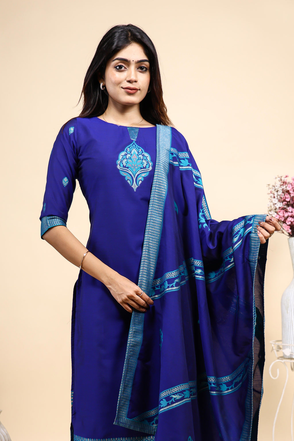 Royal Blue Embroidered Straight Kurta Set with Matching Dupatta & Leggings