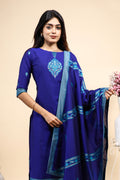 Royal Blue Embroidered Straight Kurta Set with Matching Dupatta & Leggings