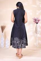 Elegant Black Sleeveless Dress with Abstract Floral Border Embroidery