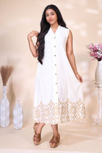 Off-White Sleeveless Dress with Geometric Printed Hem