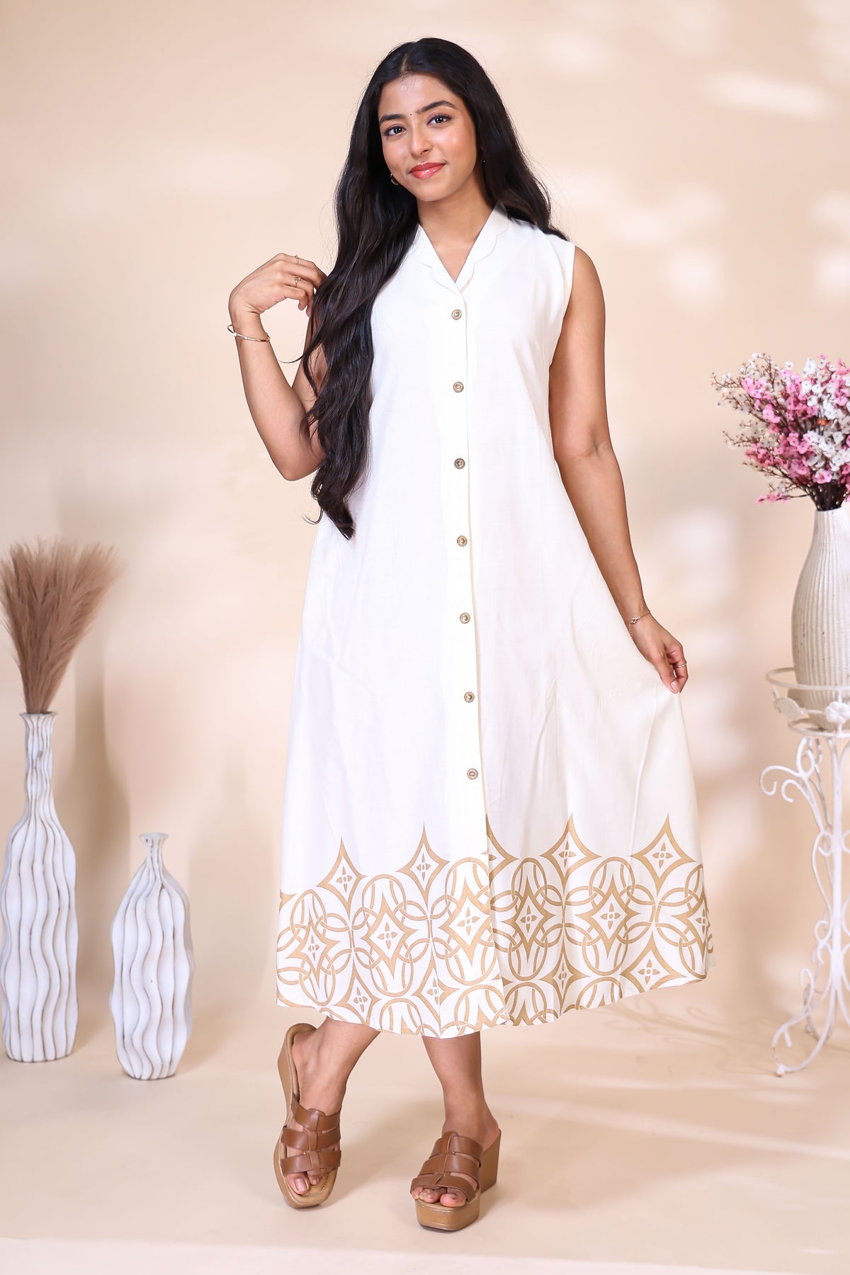 Off-White Sleeveless Dress with Geometric Printed Hem