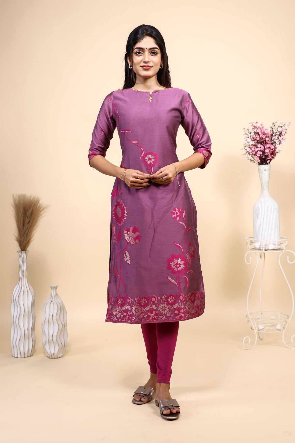 Elegant Mauve / Purple Floral Woven Kurta Set with Jacquard Dupatta