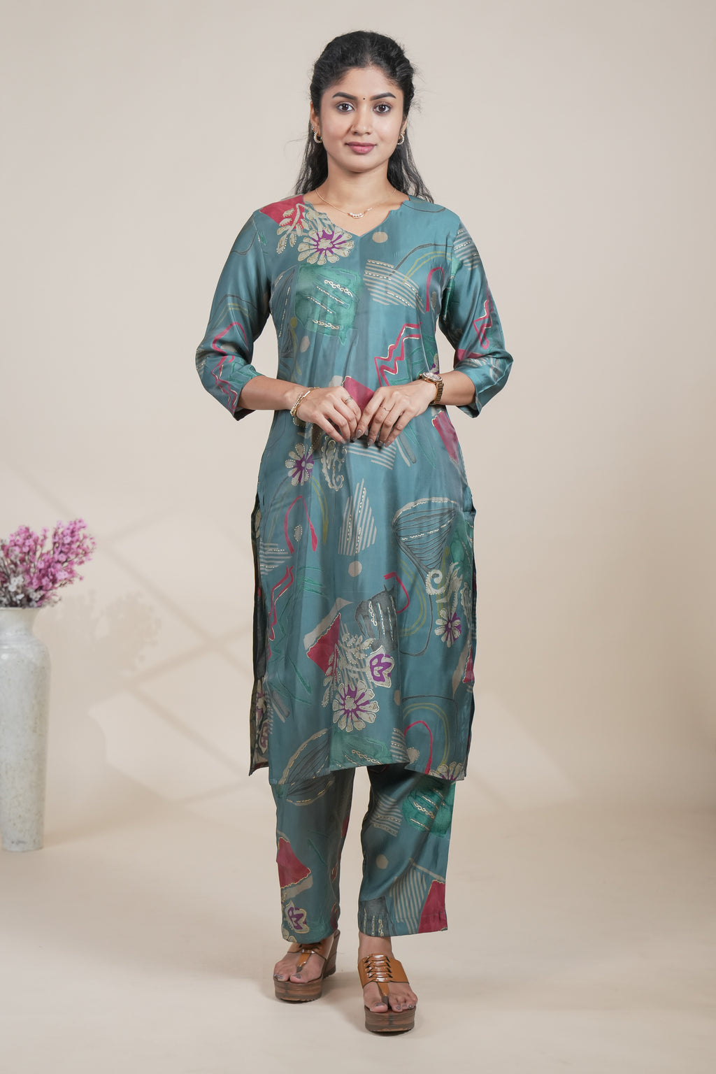 Teal Green Abstract Print Silk Straight Kurta with Matching Pants