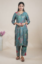 Teal Green Abstract Print Silk Straight Kurta with Matching Pants
