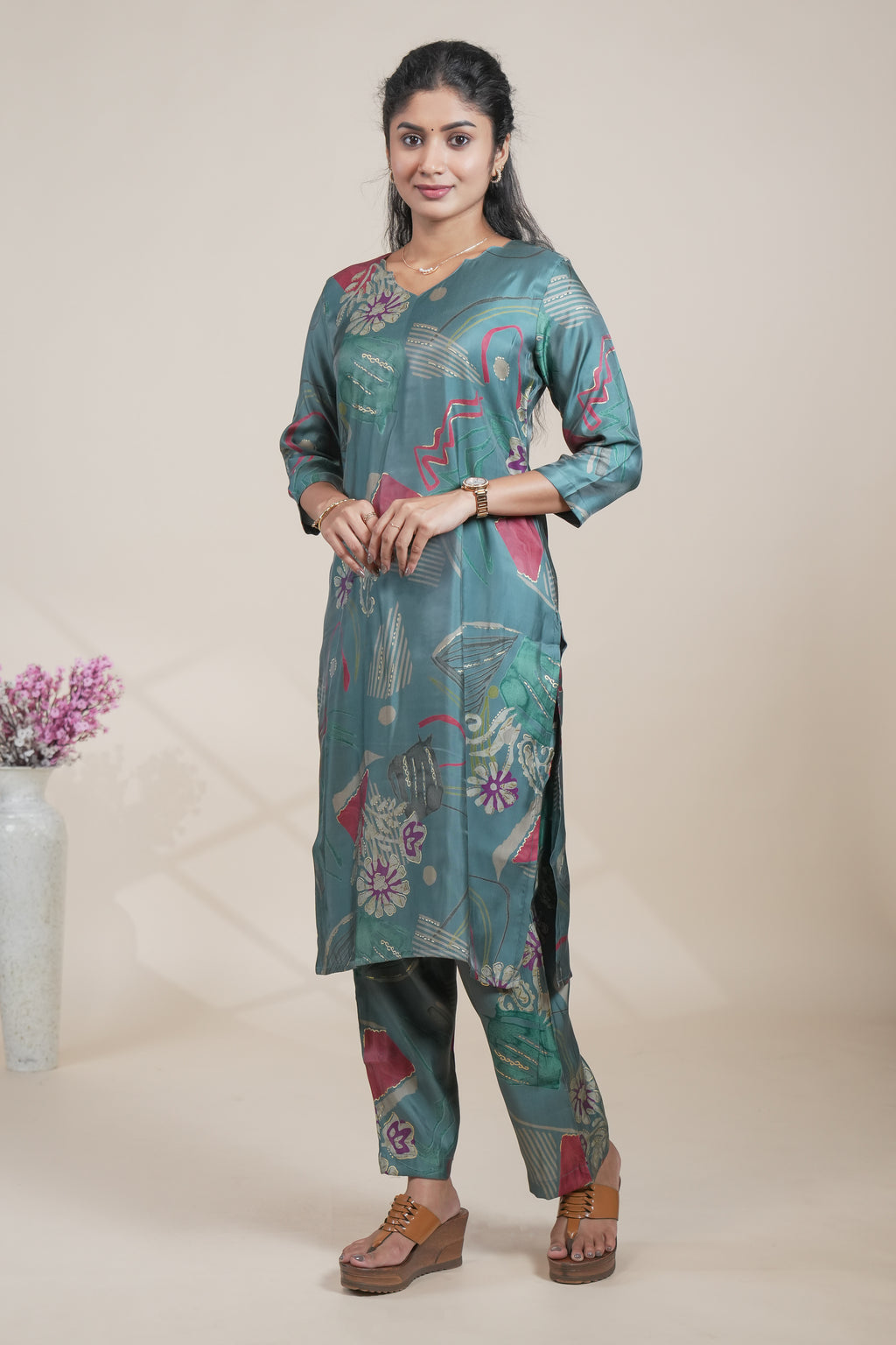 Teal Green Abstract Print Silk Straight Kurta with Matching Pants