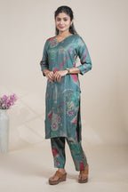 Teal Green Abstract Print Silk Straight Kurta with Matching Pants