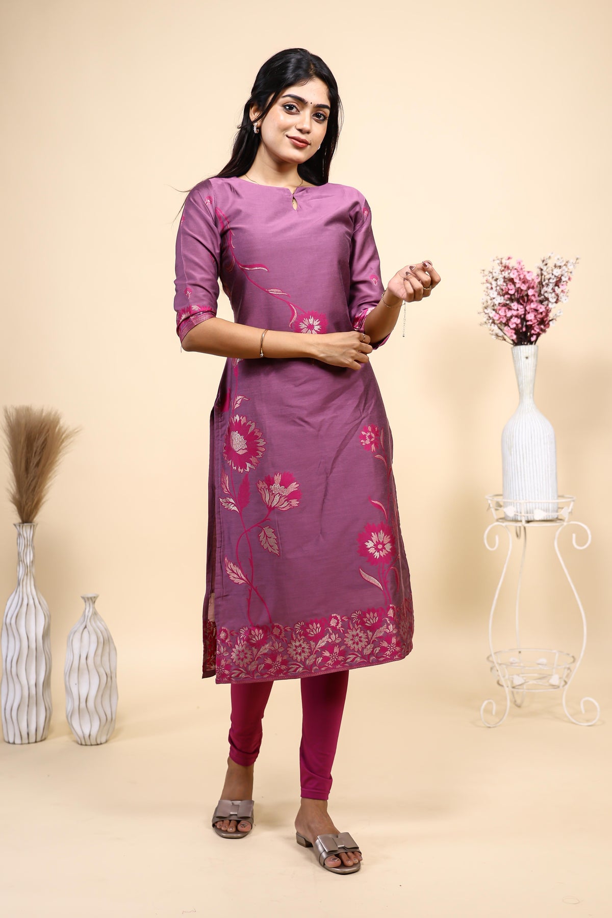 Elegant Mauve / Purple Floral Woven Kurta Set with Jacquard Dupatta